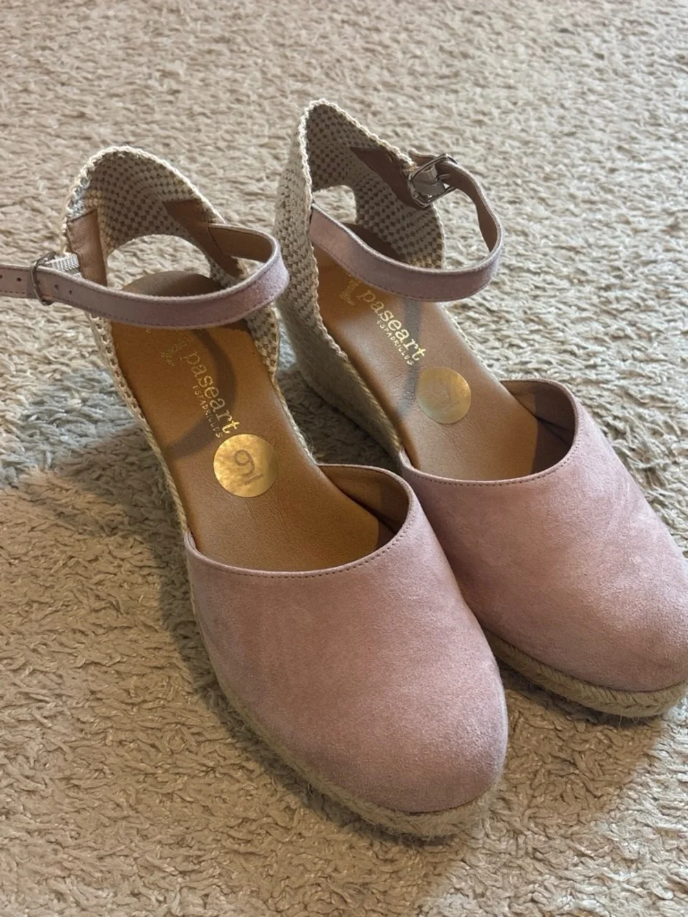 Pleasant Pink Suede Espadrille Wedge Sandals with Ankle Strap